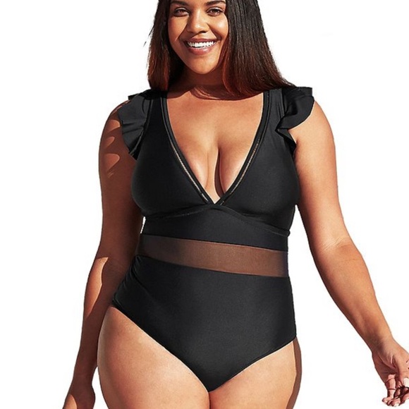 Cupshe Women's 2x NWT Black One Piece Swimsuit Ruffle V-Neck Mesh Waist Detail - Picture 2 of 12